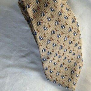 Lands End Mens Tie Beige Khaki Blue White Nautical Sail Boats Woven Tied Necktie